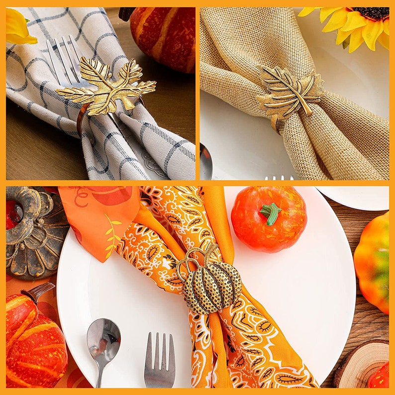 Fall Napkin Ring Set 6pcs Fall Leaves and Pumpkin Napkin rings Metal Table Napkin Rings for Thanksgiving, Events, Decor, and Guests image 5