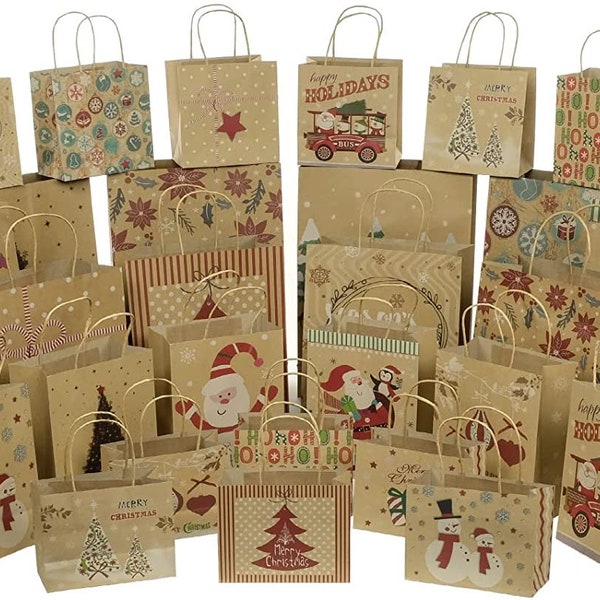 Kraftpapier Weihnachten Geschenkbeutel Set Megapack - 6 Größen und 30 Designs - Große Geschenktüten - Kleine Geschenktüten - Weihnachtsverpackung