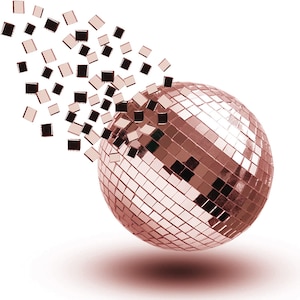 May include: A rose gold disco ball with mirrored tiles, some of which are falling off. The ball is on a white background.
