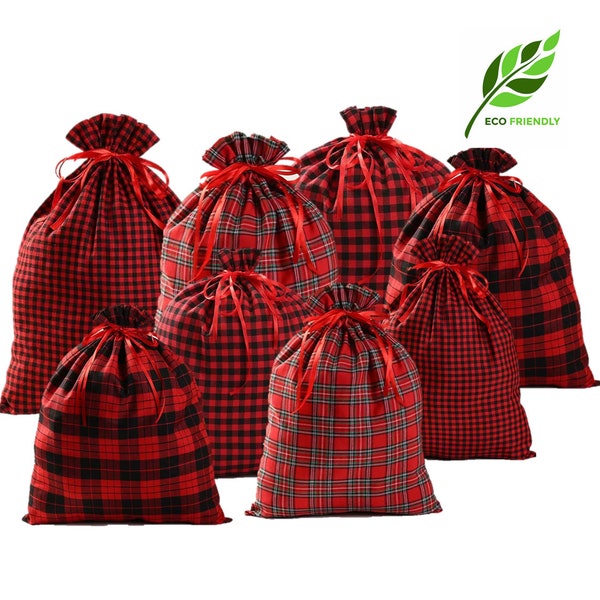 Red Plaid Gift Sack Set -Large and Extra Large Red Plaid Christmas Gift Bag - Drawstring Sack - Drawstring Santa Sack Gift Bags