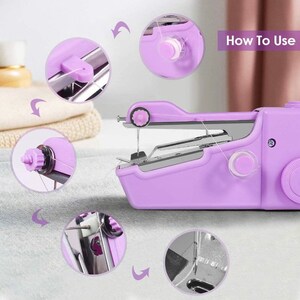 May include: A purple handheld sewing machine with a white thread spool and a needle. The machine is shown with close-up images of how to thread the machine and use it. The text "How To Use" is visible in the image.
