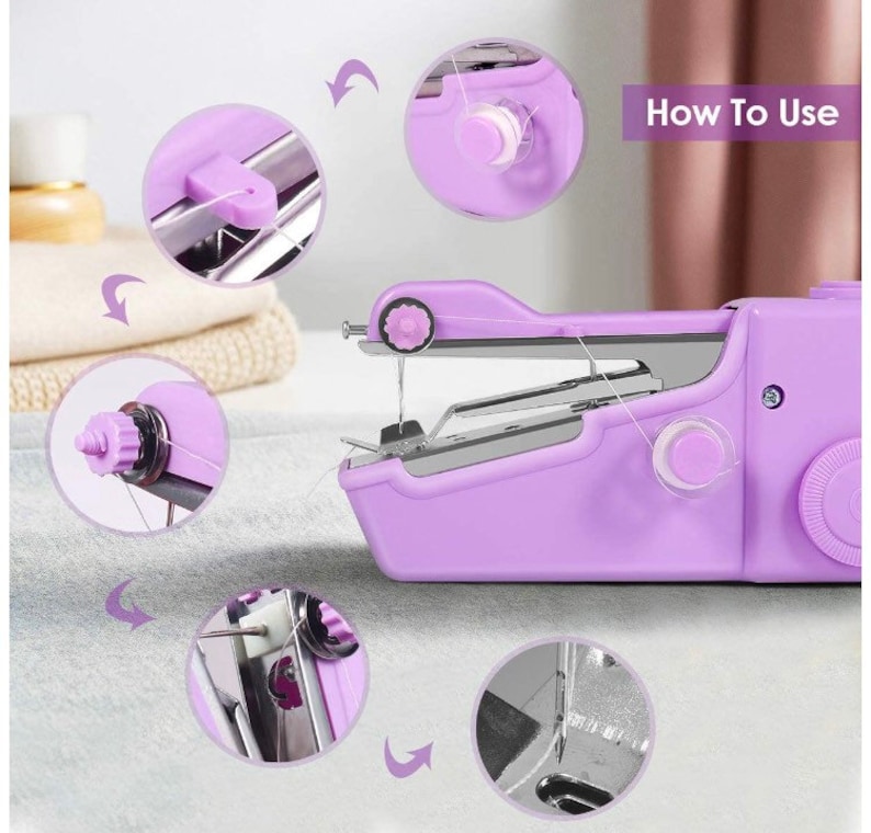 May include: A purple handheld sewing machine with a white thread spool and a needle. The machine is shown with close-up images of how to thread the machine and use it. The text "How To Use" is visible in the image.