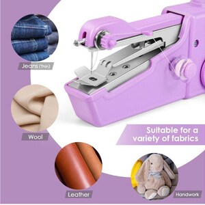 May include: A purple handheld sewing machine with a white thread spool and a silver needle. The machine is suitable for a variety of fabrics, including jeans, wool, leather, and handwork.