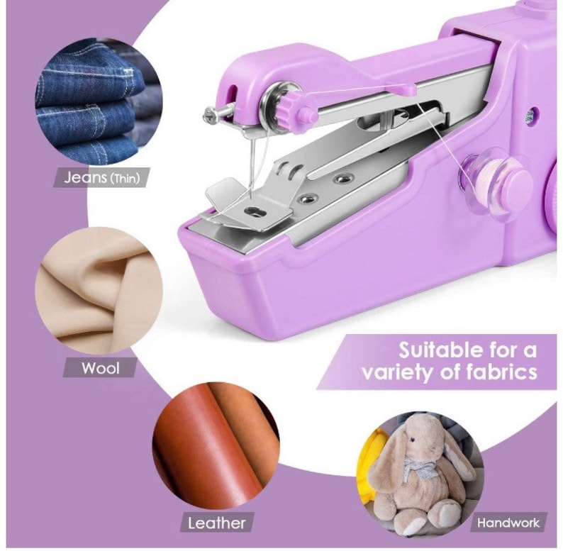 May include: A purple handheld sewing machine with a white thread spool and a silver needle. The machine is suitable for a variety of fabrics, including jeans, wool, leather, and handwork.
