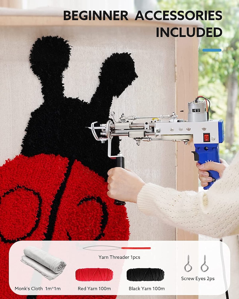 Kit per la realizzazione di tappeti: pistola per tufting a pelo lungo e ad anello, taglierina per tappeti, guida per il taglio, filato per tufting e tessuto per tappeti fai da te immagine 6