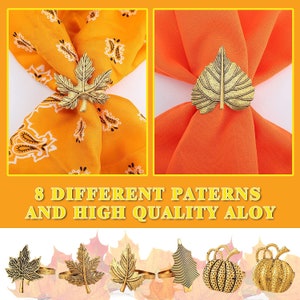 Fall Napkin Ring Set 6pcs Fall Leaves and Pumpkin Napkin rings Metal Table Napkin Rings for Thanksgiving, Events, Decor, and Guests image 3