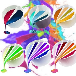 May include: Six white cups with multiple compartments, each filled with a different color paint. The paint is pouring out of the cups, creating a colorful display.