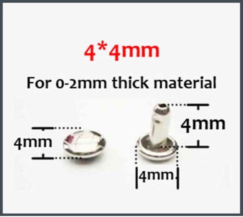 Puede incluir: Remaches de metal plateado, de 4 mm de di&aacute;metro, para usar con materiales de hasta 2 mm de grosor. El texto "4*4mm" y "For 0-2mm thick material" es visible en la imagen.