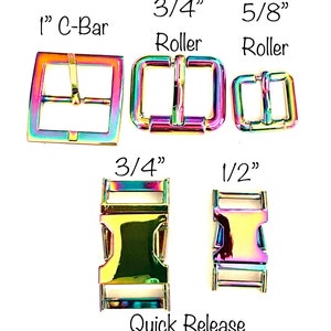 Puede incluir: Surtido de hebillas metálicas de colores arcoíris para correas y collares. Incluye una hebilla C-Bar de 1 pulgada, hebillas de rodillo de 3/4 de pulgada, una hebilla de rodillo de 5/8 de pulgada, una hebilla de liberación rápida de 3/4 de pulgada y una hebilla de liberación rápida de 1/2 de pulgada.