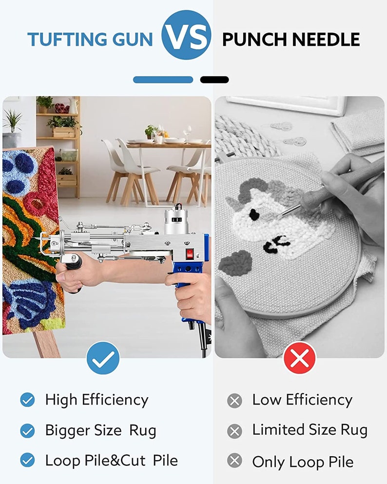 Pu&ograve; includere: Un confronto tra due metodi di realizzazione di tappeti: pistola per il tufting e ago per il punch needle. La pistola per il tufting &egrave; mostrata in uso, creando un tappeto colorato con una variet&agrave; di texture. L'ago per il punch needle &egrave; mostrato mentre crea un tappeto bianco con un design semplice. Il testo sull'immagine recita "Tufting Gun vs Punch Needle".
