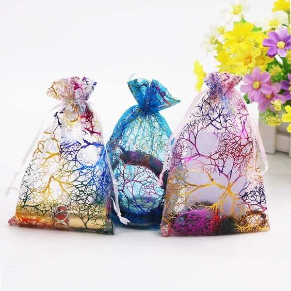 Rainbow Organza Bags | Colorful Large Drawstring Product Bags | Sachet Bags | Foil Print Bags | Treat Bags | Wedding Favor Bags -P