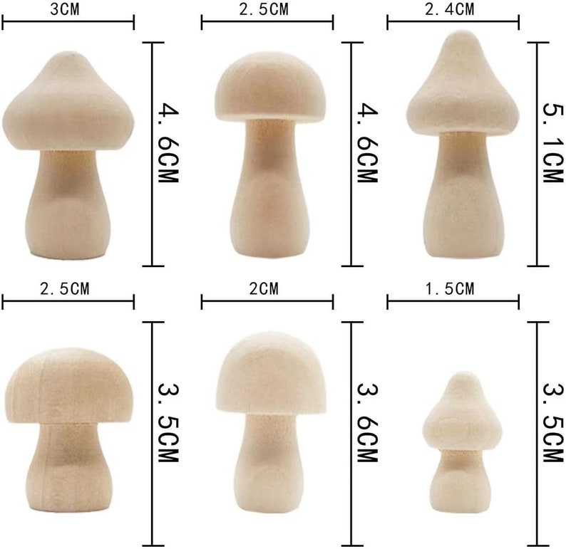 May include: Six unfinished wooden mushroom shapes in various sizes. The mushrooms range in size from 1.5 to 3 cm in width and 3.5 to 5.1 cm in height.