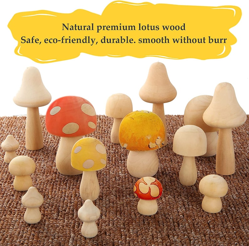 May include: A collection of wooden mushroom figurines in various sizes and colors, including red, yellow, and natural wood. The mushrooms are arranged on a brown woven surface.