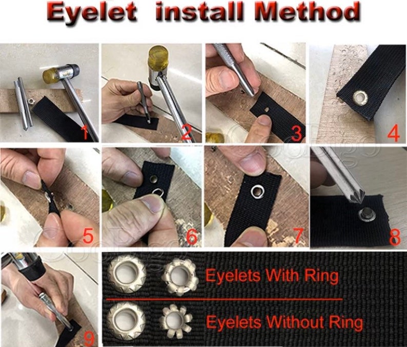 May include: A step-by-step guide on how to install eyelets with and without rings. The guide shows a person using a hammer and a tool to install eyelets on a black fabric strap. The image also shows close-up views of the eyelets with and without rings.