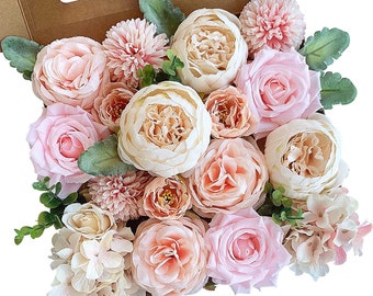 Blush Pink and Cream Silk Material Roses & Peonies artificial flower DIY Box with Greenery