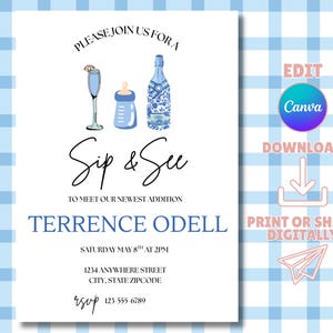 Puede incluir: Una tarjeta de invitación blanca con detalles azules para un evento "Sip & See". El diseño presenta ilustraciones de una copa de champán, un biberón y una botella decorada. El texto incluye el nombre Terrence Odell, la fecha, la hora y la información de RSVP.