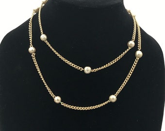 Sarah Coventry Goldtone Chain Faux Pearl 35" Necklace