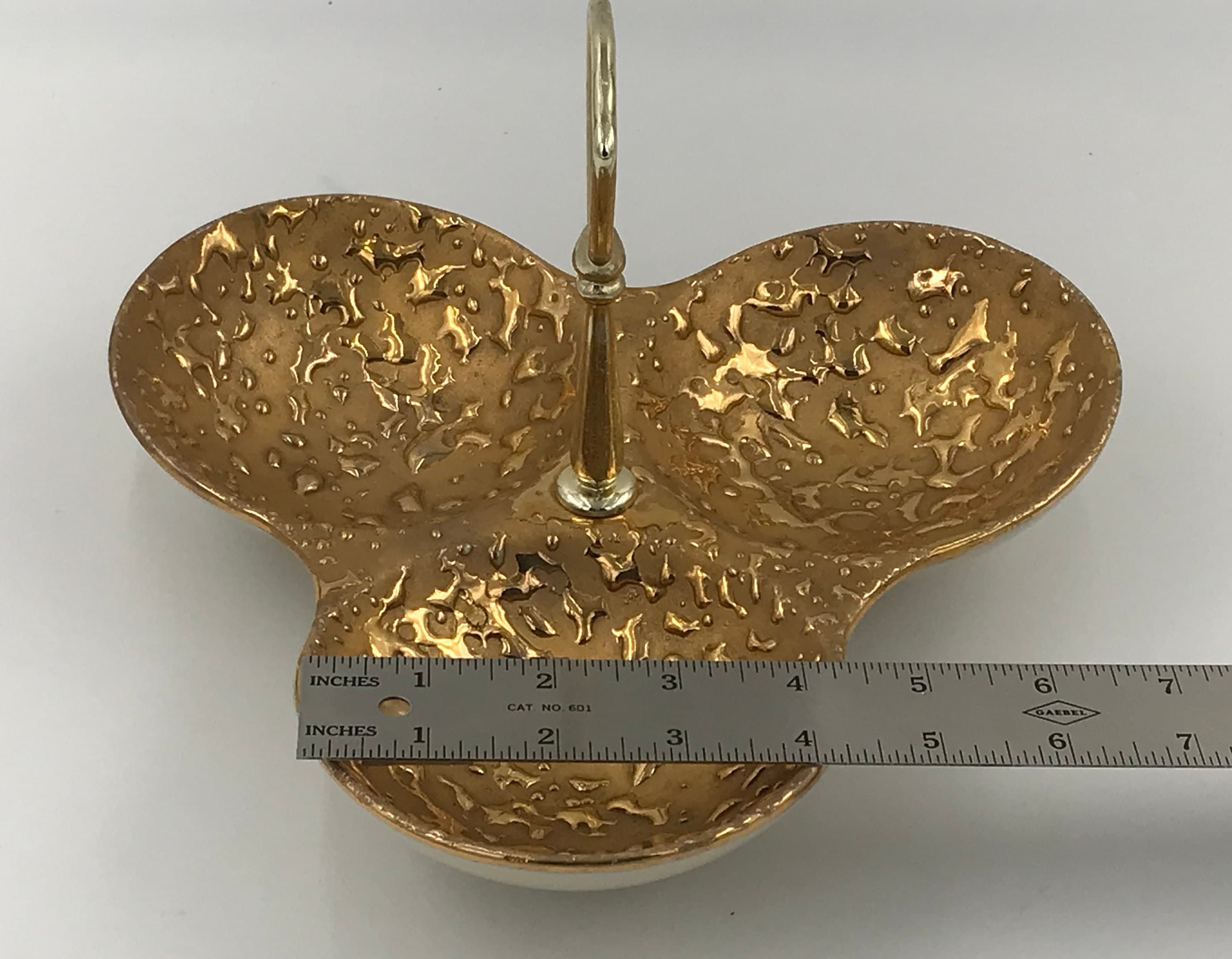 Weeping Bright 22k Gold Hand Decorated 3 Section Tidbit Dish Nuts Candy