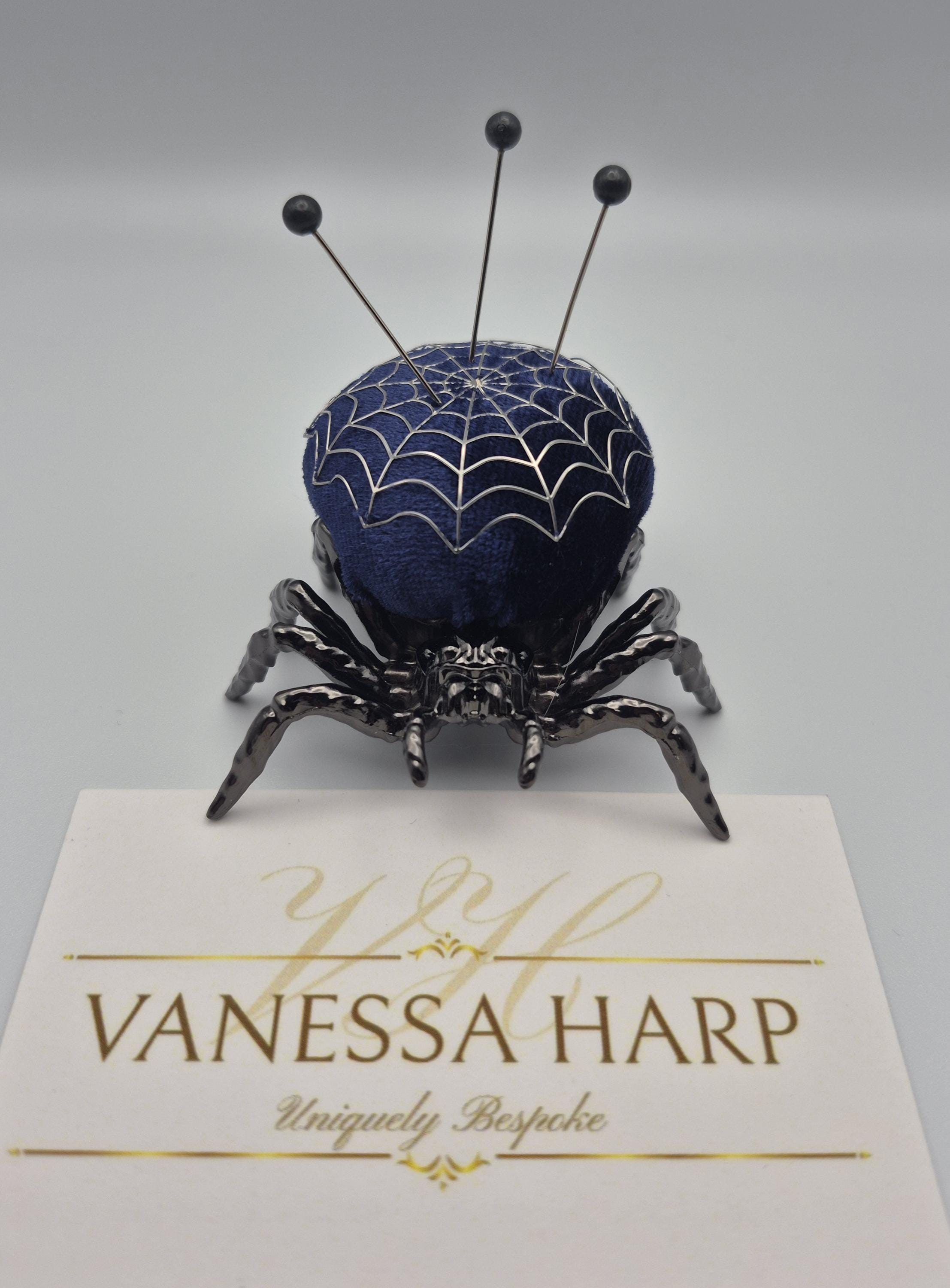 The Dark Web Sewing Spider Pincushion Needle Keep Minder Midnight Navy Blue Velvet Handmade Tarantula