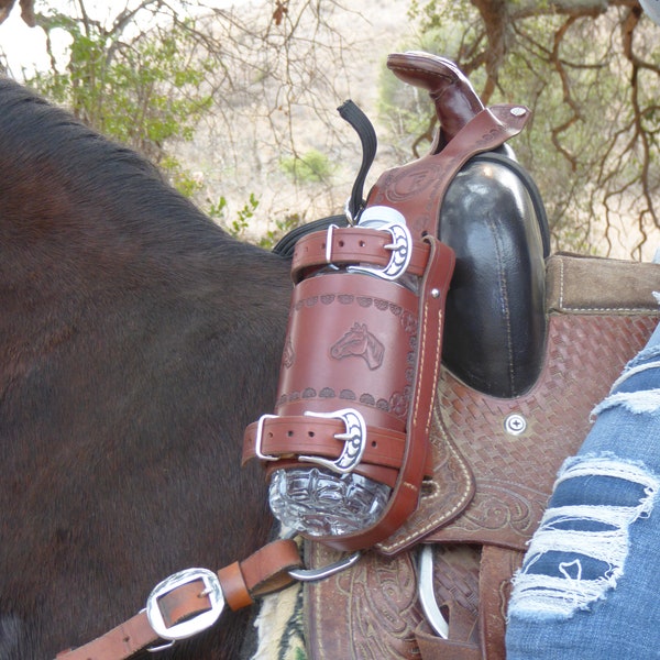 Adjustable Leather Drink Holder, With Horse and Flowers Tooling Pattern,  Fits large and small bottles of all kinds. Drink Holster