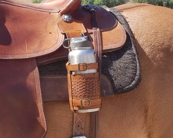 Basket Weave Drink Holder, Adjustable Leather Drink Holder, Fits large and small bottles of all kinds. Leather Saddle Drink Holder