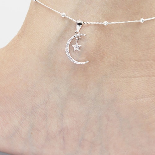 Moon and Star Anklet Sterling Silver Beaded Ankle Bracelet - Etsy