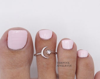 Adjustable Sterling Silver Moon & Star Toe Ring, Open toe ring, Adjustable toe ring, Moon and Star Ring