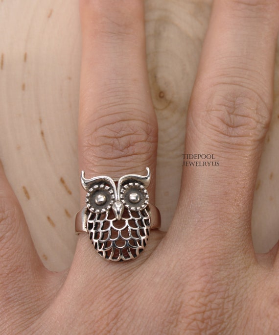 Vintage Wise Owl Statement Metal Ring With Diamante and Black 