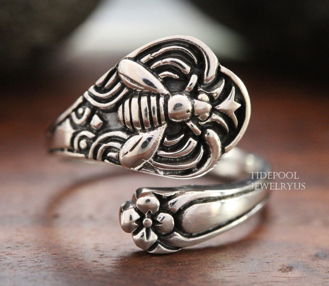Adjustable Wrap Around Bee Spoon Ring, Bee Ring, Victoria Flower Spoon ...