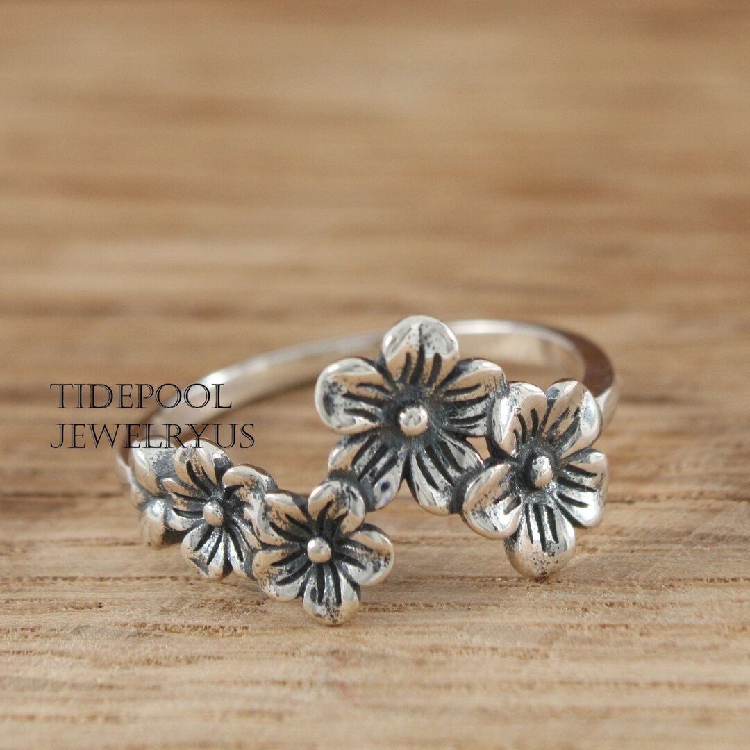 Sterling Silver Cherry Blossom Flower Ring, Cluster Flower Ring, Sakura