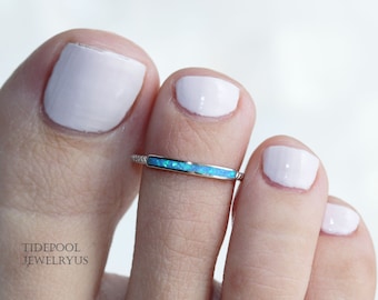 Sterling silver Adjustable blue opal toe ring - open toe ring, midi ring, knuckle ring