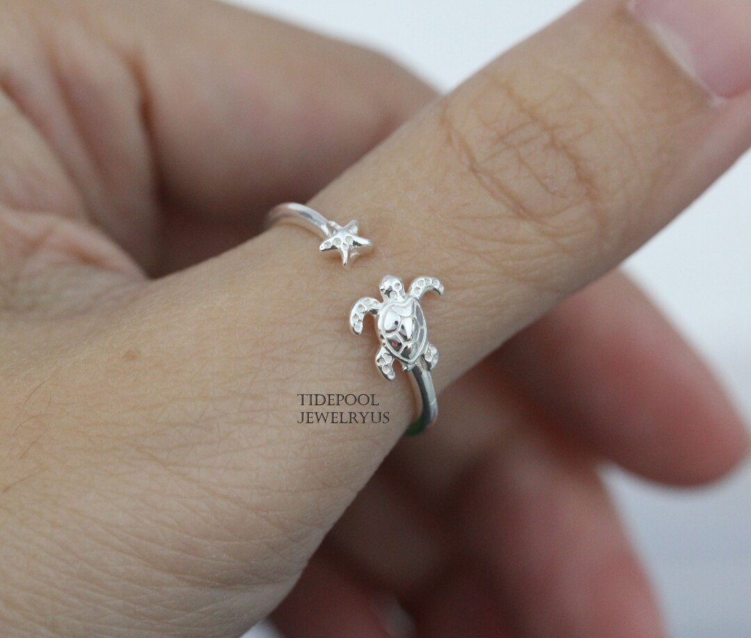 Dainty thin sea turtle and starfish ring, gift for girl, sterling silver minimal thin stacking ring