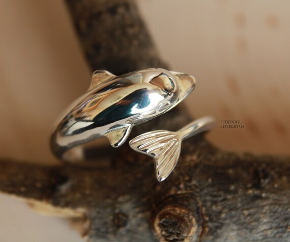 Sterling Silver Dolphin Ring Ocean Wave Ring Promise Ring