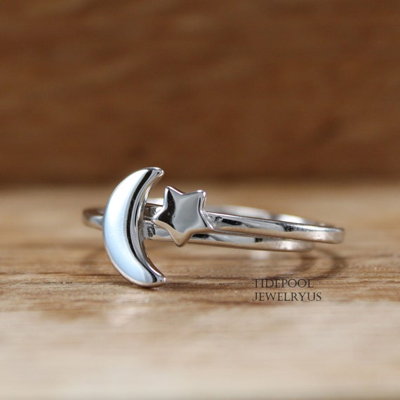 Sterling Silver Moon & Star Ring Set, Set of Two Crescent Moon