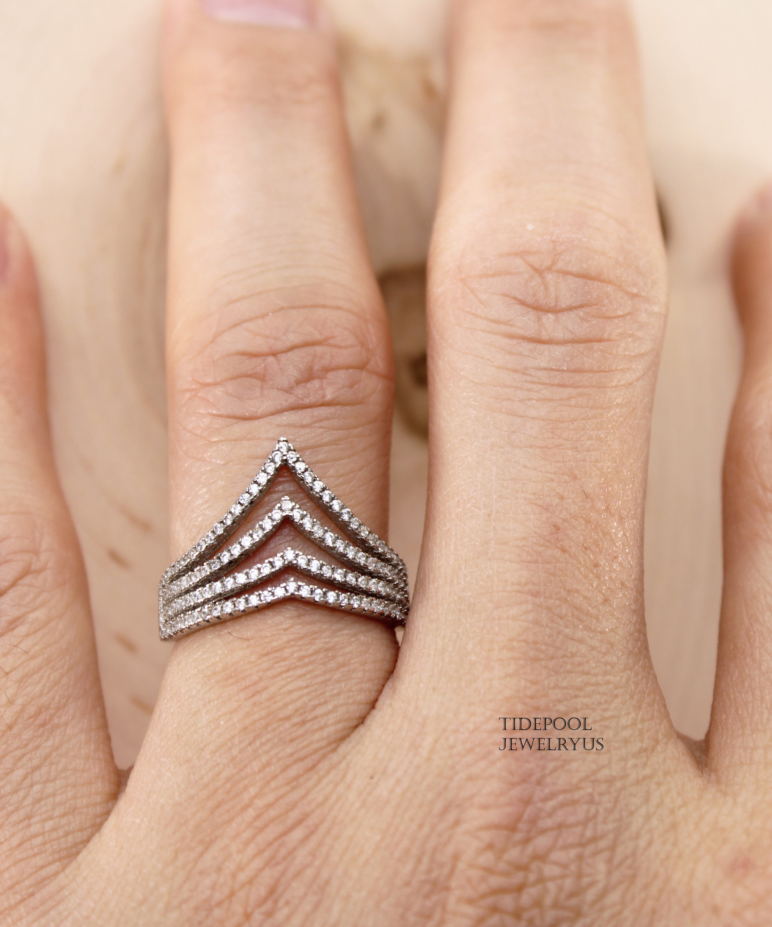 Chevron Crown Tiara Ball Bead Ring – .925 Sterling Silver Band, Sizes 4-10 - View #3