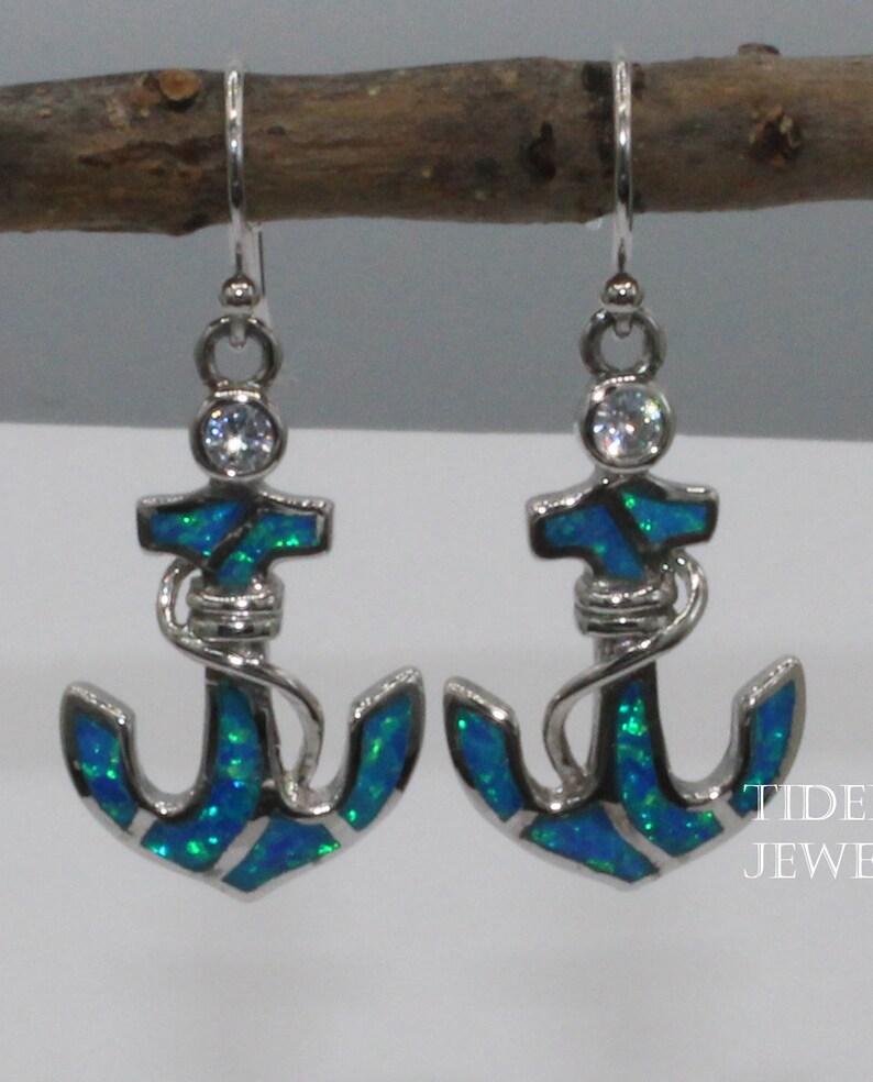 Dangling Earrings Sterling Silver 925 Earring Gift For Her Mom, Blue Fire Opal Anchor Dangling Earrings Engagement Earrings