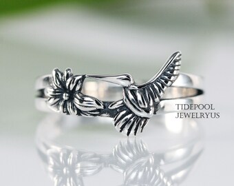 Bird lovers gifts for her for mom Floral ring band Nature ring women Sterling Silver Ring Sparrow ring Silver rings uk Bird ring silver