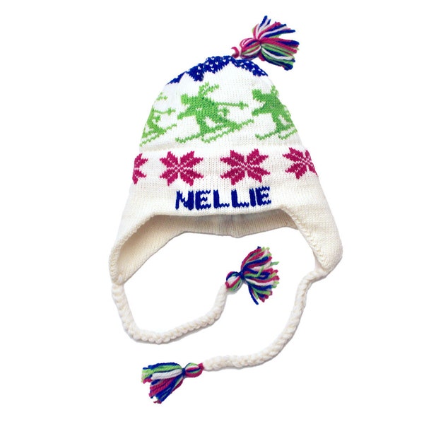 Personalized Hand Knit Winter Ski Hat - White Snowflake Skier - Custom Name Wool Earflap Beanie for Child/Toddler/Infant/Baby Girl/Kids