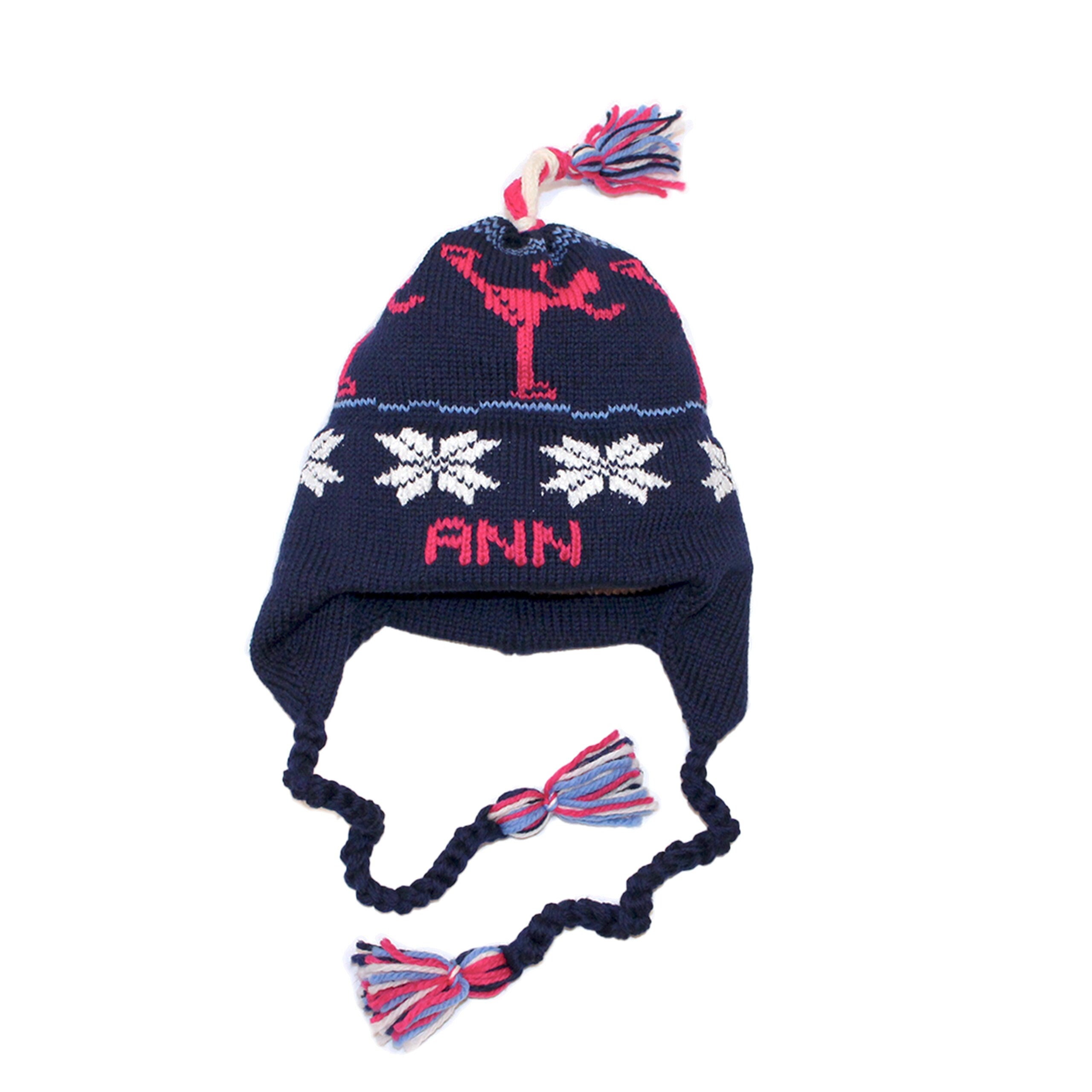 Personalized Wool Knit Winter Hat Figure Skater Dark Navy Pink