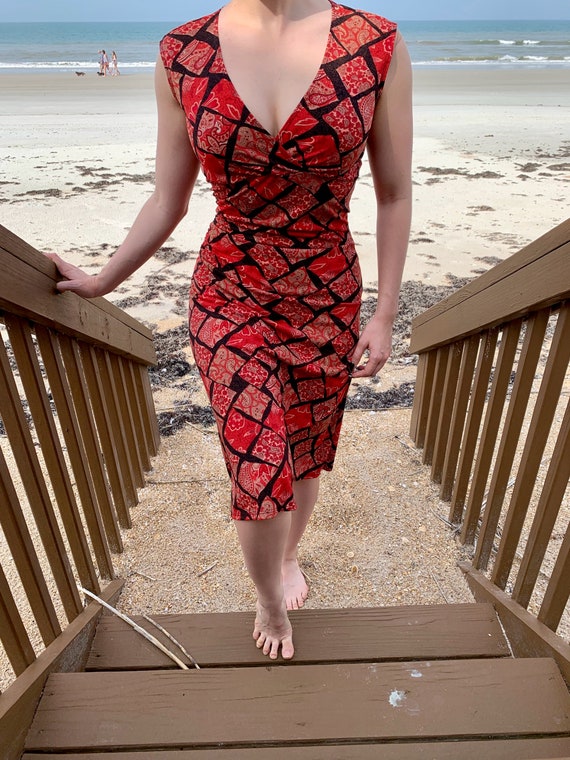 red patterned dress