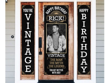 May include: A black and gold birthday banner with the text "Happy Birthday Rick! Est. 1961" and a vintage photo of a man. The banner also includes the text "You're Vintage" and "The Man, The Myth, The Legend. You Get Better With Age!"