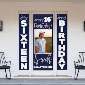 Birthday Banner Personalized for Front Door Navy Blue and Gold or Silver with Photo for Teen