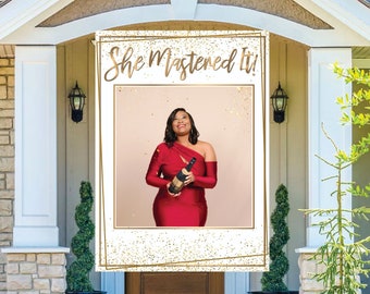 Graduation Backdrop for Masters Graduation Party Gold Glitter Confetti She Mastered It