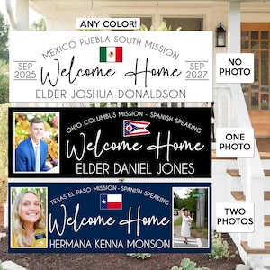 May include: Three welcome home banners with different mission locations and photos. The top banner is white with black text and a Mexican flag. The middle banner is black with white text and an Ohio flag. The bottom banner is blue with white text and a Texas flag.