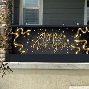 Happy New Year Banner 2026 - New Year&#39;s Eve Decorations - Vinyl Outdoor or Indoor - Black, Gold, and Silver