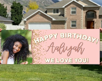 Birthday Banner Sign Personalized with Photo in Pink, Rose Gold, & Gold with Glitter