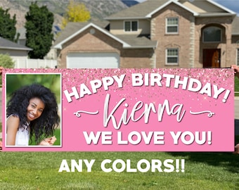 Birthday Banner Sign Personalized with Photo in Any Color with Glitter