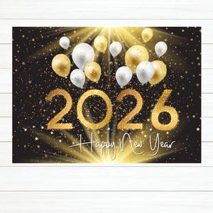 Happy New Year Backdrop 2025 - New Year&#39;s Eve Decorations - Photo Backdrop - Black, Gold, and Silver
