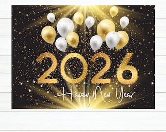 Happy New Year Backdrop 2025 - New Year's Eve Decorations - Photo Backdrop - Black, Gold, and Silver