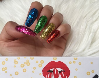 Rainbow Press On Nails- Reusable Coffin Glitter Long Nails/Square/Almond /Pride Nails/Custom Set Of 10 Press Ons/Choose Nail Size